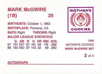 1989 Mother's Cookies Mark McGwire #2 Mark McGwire Back