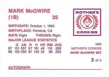 1989 Mother's Cookies Mark McGwire #3 Mark McGwire Back