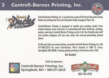 1999 Play Ball Ozark Mountain Ducks #2 Cantrell-Barnes Printing Back