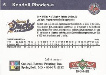 1999 Play Ball Ozark Mountain Ducks #5 Kendall Rhodes Back