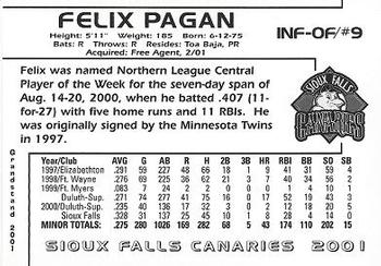 2001 Grandstand Sioux Falls Canaries #18 Felix Pagan Back
