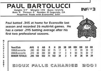 2001 Grandstand Sioux Falls Canaries #7 Paul Bartolucci Back