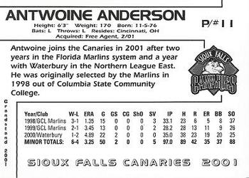 2001 Grandstand Sioux Falls Canaries #9 Antwoine Anderson Back