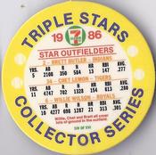 1986 7-Eleven Triple Stars Coins: Central Region #XIV Brett Butler / Chet Lemon / Willie Wilson Back
