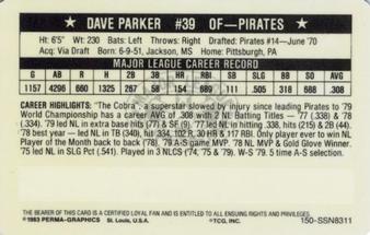 1983 Perma-Graphics Super Stars Credit Cards #11 Dave Parker Back