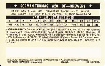 1983 Perma-Graphics Super Stars Credit Cards #32 Gorman Thomas Back