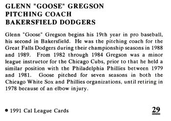 1991 Cal League Bakersfield Dodgers #29 Goose Gregson Back