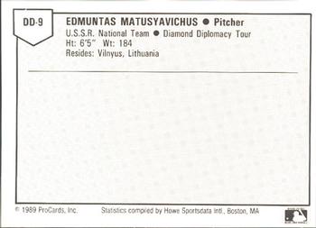 1989 ProCards Eastern League Diamond Diplomacy #DD9 Edmuntas Matusyavichus Back