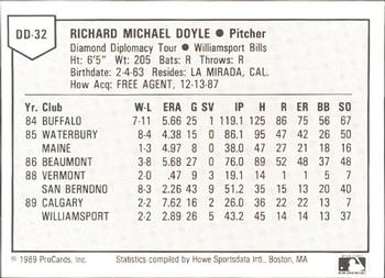 1989 ProCards Eastern League Diamond Diplomacy #DD32 Rich Doyle Back