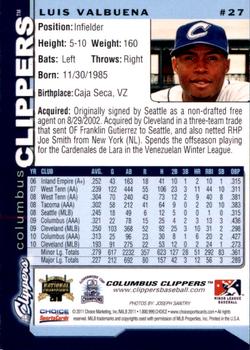 2011 Choice Columbus Clippers #27 Luis Valbuena Back