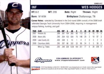 2010 Choice Columbus Clippers #17 Wes Hodges Back