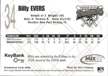 2005 Grandstand Hudson Valley Renegades #10 Billy Evers Back
