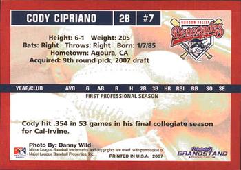 2007 Grandstand Hudson Valley Renegades #4 Cody Cipriano Back