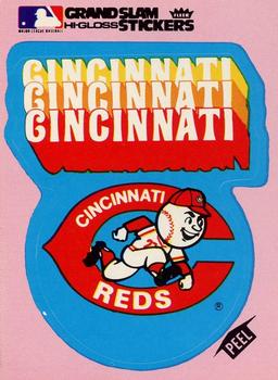 1977 Fleer Grand Slam Hi-Gloss Stickers #NNO Cincinnati Reds Team (Pink) Front