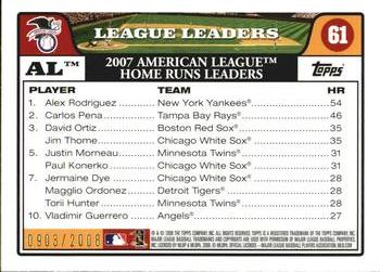 2008 Topps - Gold #61 AL Leaders: Home Runs (Alex Rodriguez / Carlos Pena / David Ortiz) Back