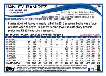 2014 Topps #314 Hanley Ramirez Back