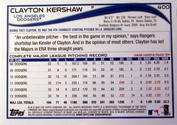 2014 Topps #400 Clayton Kershaw Back