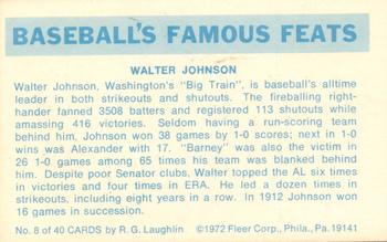 1973 Fleer Official Major League Patches - Famous Feats #8 Walter Johnson Back
