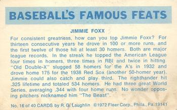 1973 Fleer Official Major League Patches - Famous Feats #16 Jimmie Foxx Back