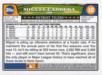 2008 Topps - Gold Foil #10 Miguel Cabrera Back