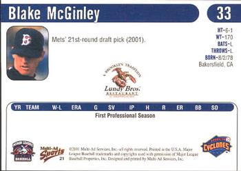 2001 Multi-Ad Brooklyn Cyclones #21 Blake McGinley Back