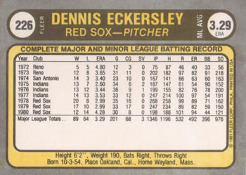 1981 Fleer #226 Dennis Eckersley Back
