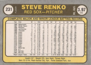 1981 Fleer #231 Steve Renko Back