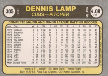 1981 Fleer #305 Dennis Lamp Back
