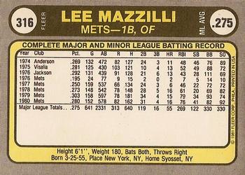 1981 Fleer #316 Lee Mazzilli Back