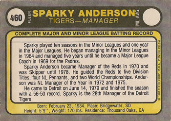 1981 Fleer #460 Sparky Anderson Back