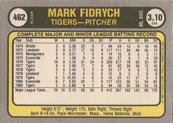 1981 Fleer #462 Mark Fidrych Back