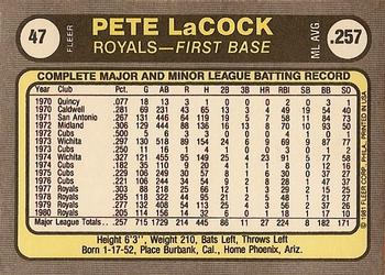 1981 Fleer #47 Pete LaCock Back