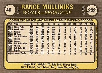 1981 Fleer #48 Rance Mulliniks Back