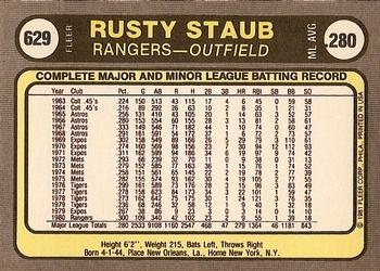 1981 Fleer #629 Rusty Staub Back