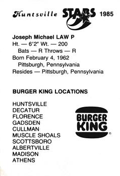 1985 Burger King Huntsville Stars #NNO Joe Law Back