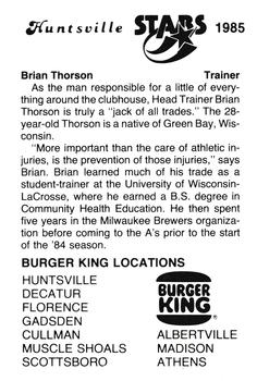 1985 Burger King Huntsville Stars #NNO Brian Thorson Back