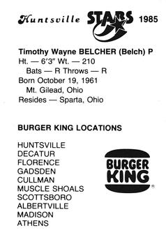 1985 Burger King Huntsville Stars #NNO Tim Belcher Back