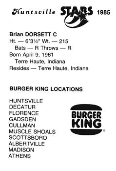 1985 Burger King Huntsville Stars #NNO Brian Dorsett Back