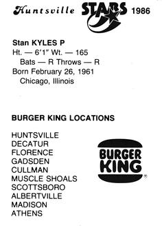1986 Burger King Huntsville Stars #NNO Stan Kyles Back