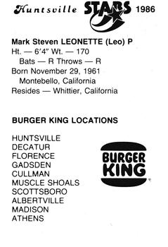 1986 Burger King Huntsville Stars #NNO Mark Leonette Back