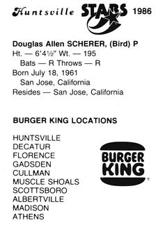 1986 Burger King Huntsville Stars #NNO Doug Scherer Back