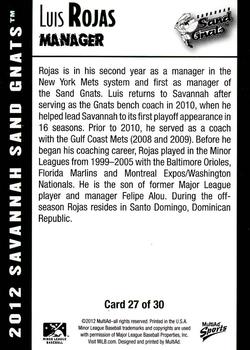 2012 MultiAd Savannah Sand Gnats #27 Luis Rojas Back