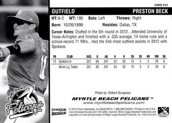 2013 Choice Myrtle Beach Pelicans #12 Preston Beck Back