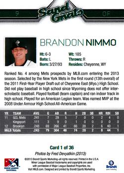 2013 Brandt Savannah Sand Gnats #1 Brandon Nimmo Back