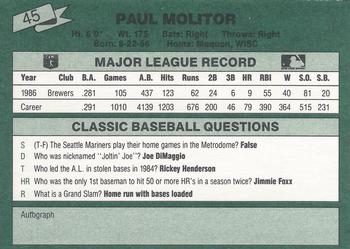 1987 Classic #45 Paul Molitor Back