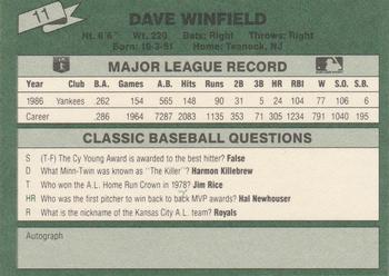 1987 Classic #11 Dave Winfield Back