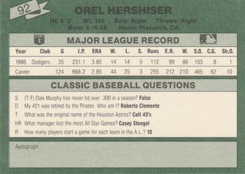 1987 Classic #92 Orel Hershiser Back