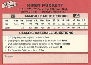 1988 Classic Red #164 Kirby Puckett Back