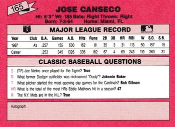 1988 Classic Red #165 Jose Canseco Back