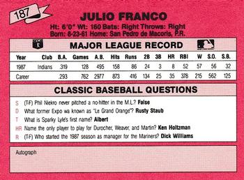1988 Classic Red #187 Julio Franco Back
